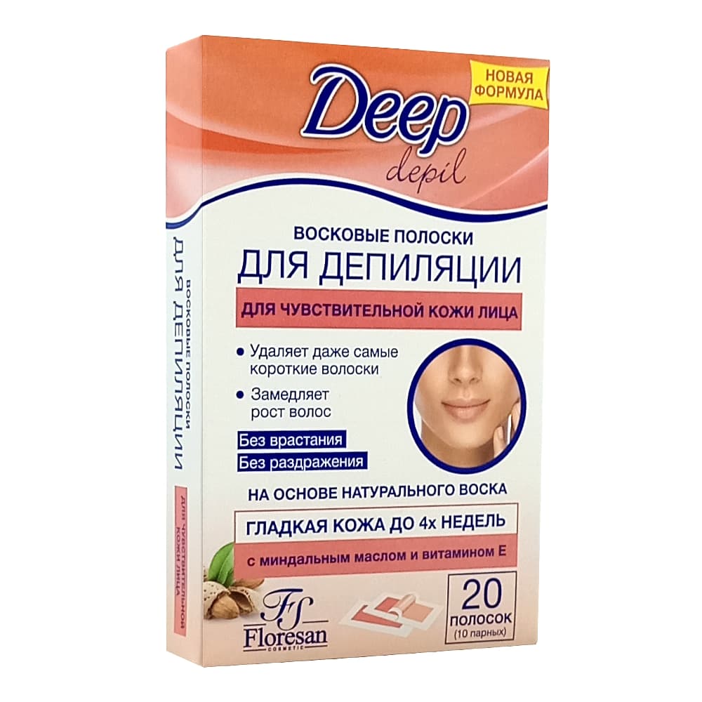 FLORESAN Deep Depil восковые полоски для депиляции чувствительной кожи лица с миндальным маслом и витамином Е, 20 шт