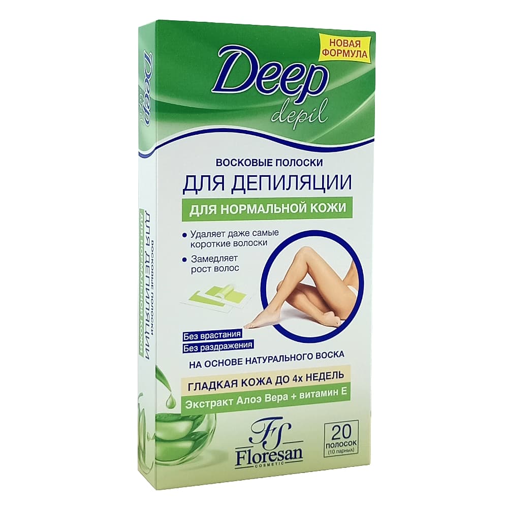 FLORESAN Deep Depil восковые полоски для депиляции, для нормальной кожи с экстрактом алоэ, 20 шт