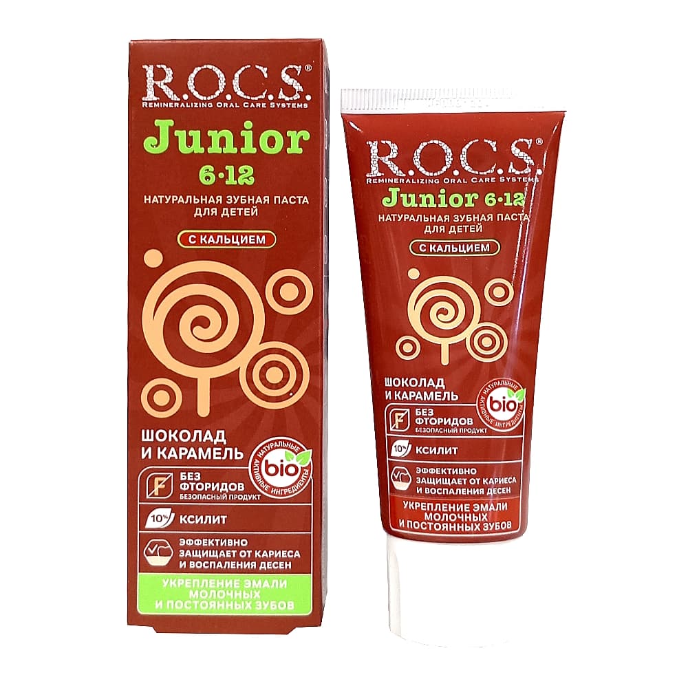 ROCS Junior зубная паста со вкусом шоколада и карамели от 6-ти до 12-ти лет, 74 гр.