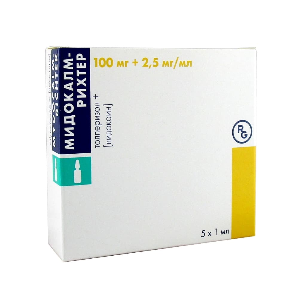 Мидокалм-Рихтер раствор для инъекций 100 мг + 2,5 мг/мл, 1 мл, 5 амп.
