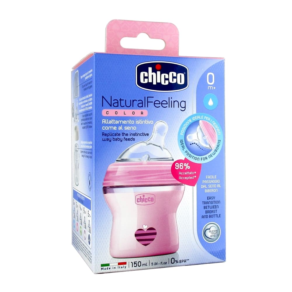 Chicco Бутылочка с силиконовой соской Natural feeling 0+ 150мл, розовая