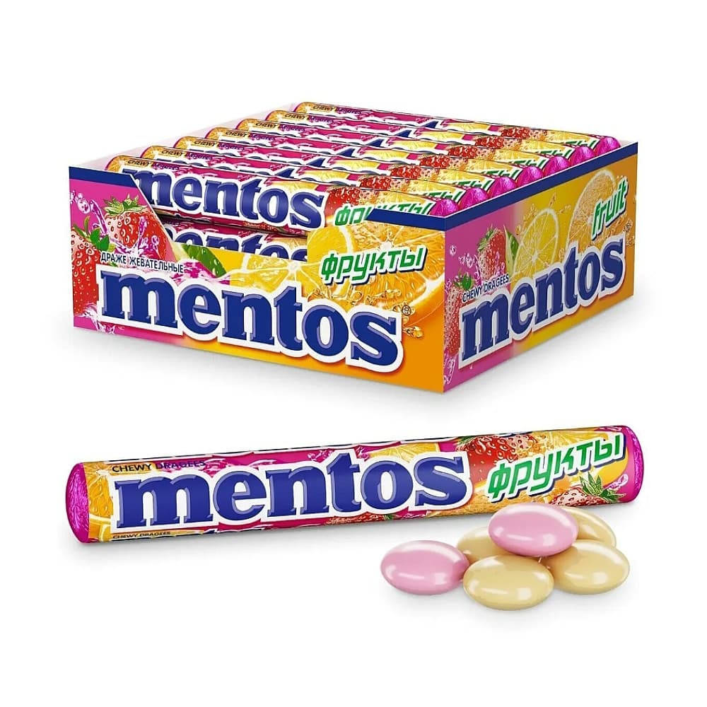 Mentos жевательные конфеты, фруктовые, 37 гр