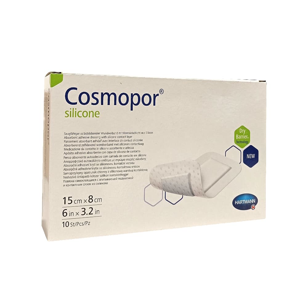 Cosmopor Silicone Повязка впитывающая пластырного типа, 15х8см, повязка стерильная, с контактным слоем из силикона, 10 шт.