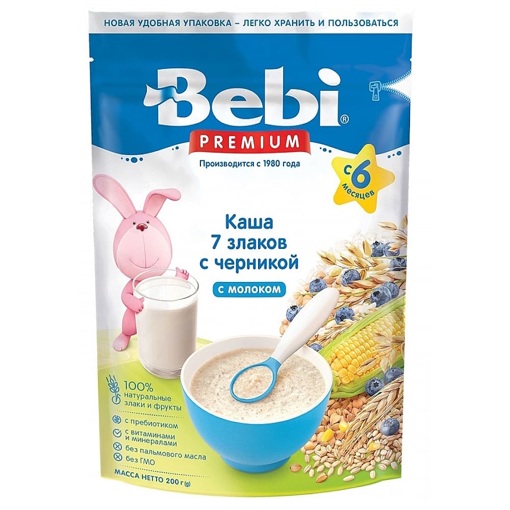 Bebi premium каша молочная 7 злаков с черникой, с 6 месяцев, 200г