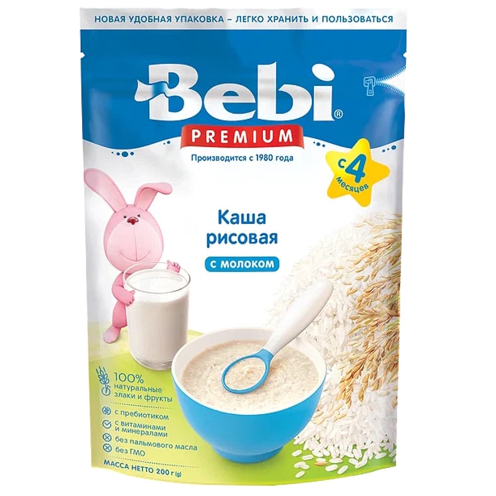Bebi premium каша молочная рисовая, с 4 месяцев, 200г