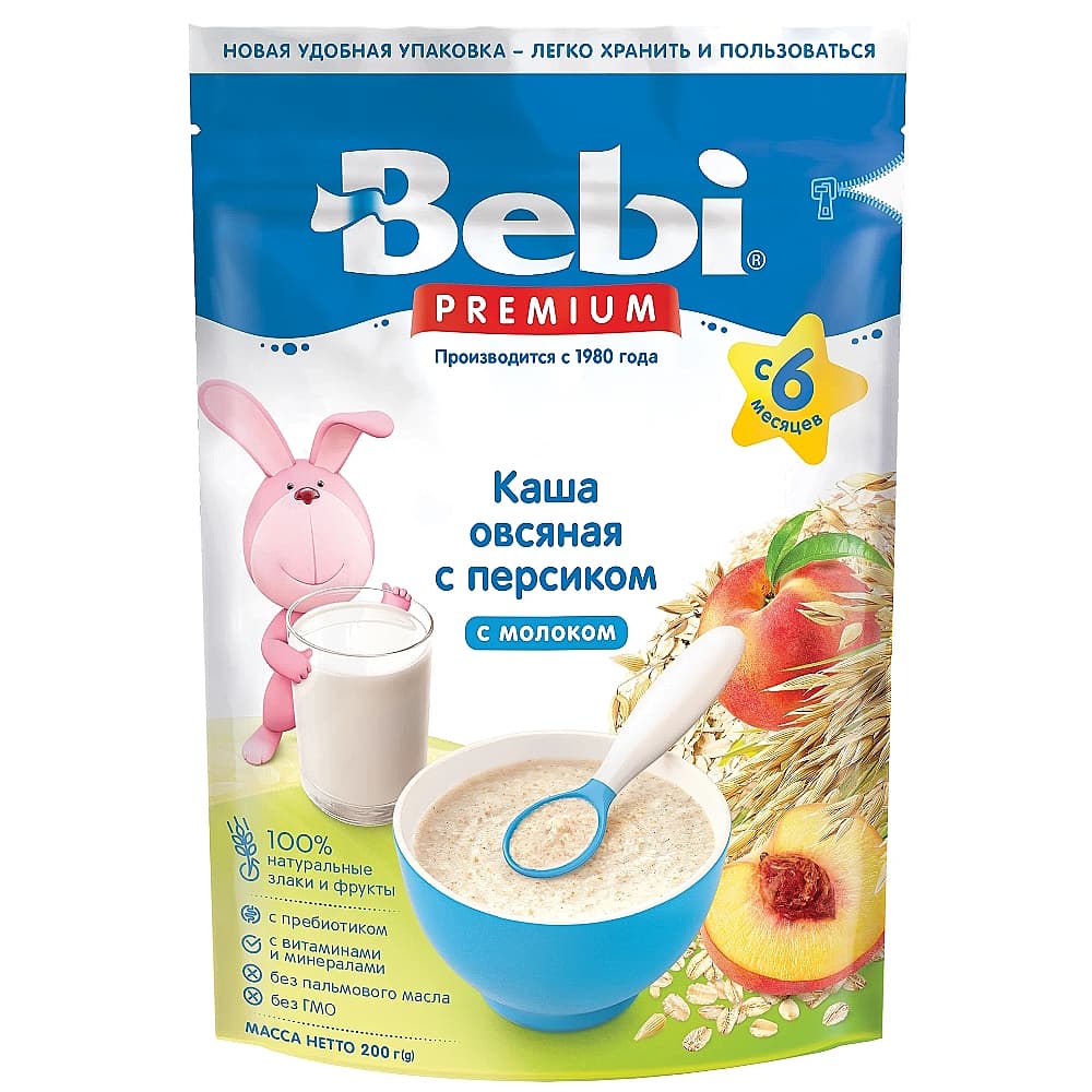 Bebi premium каша молочная овсяная с персиком, с 6 месяцев, 200г