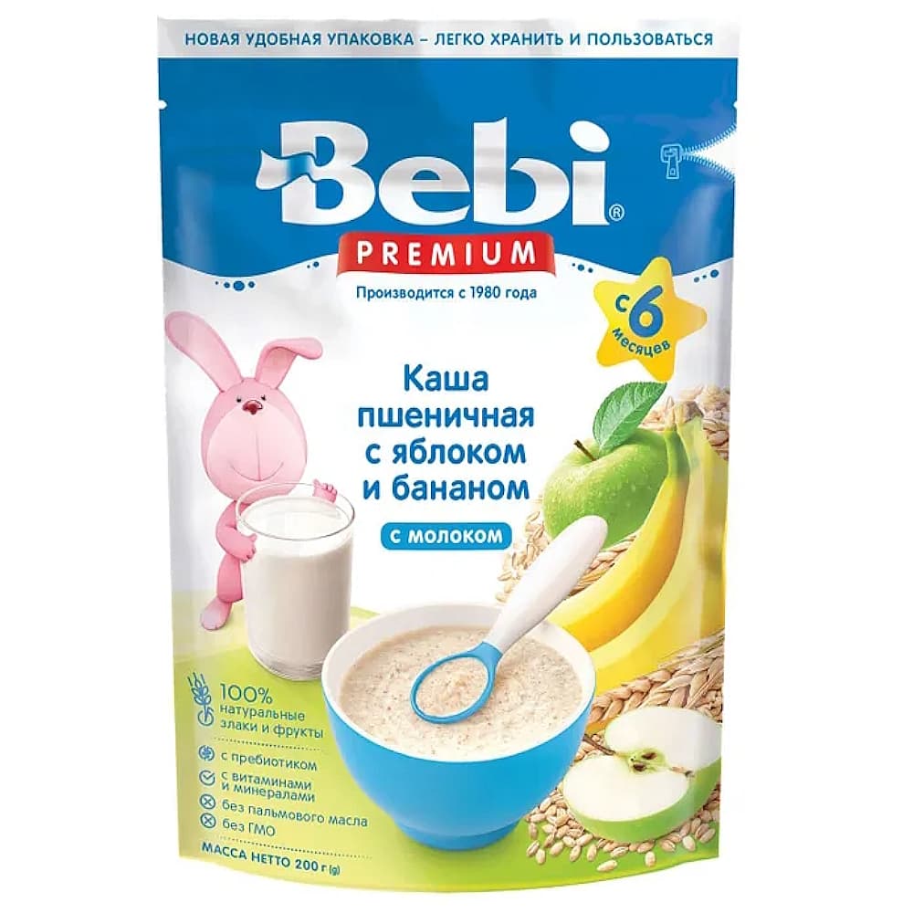 Bebi premium каша молочная пшеничная с яблоком и бананом, с 6-ти месяцев, 200г