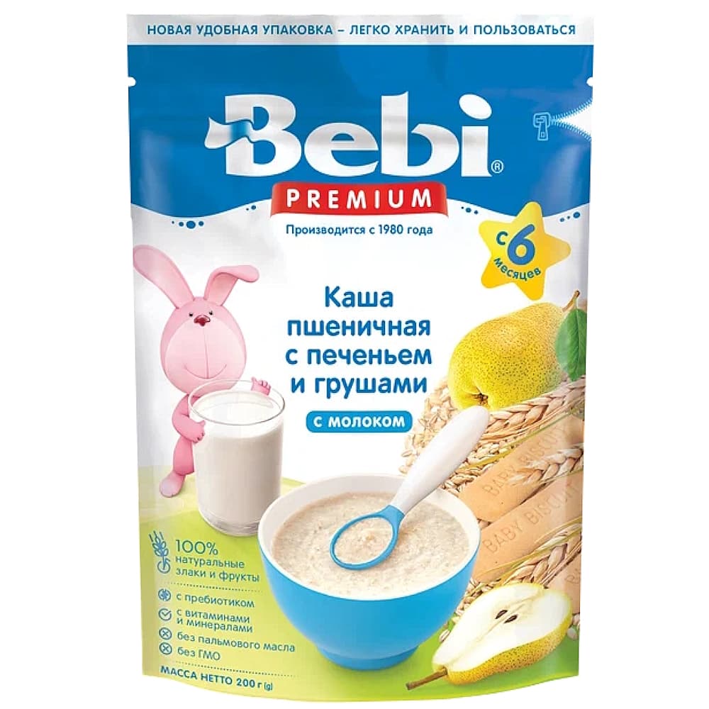 Bebi premium каша молочная пшеничная с печеньем и грушей, с 6-ти месяцев, 200г