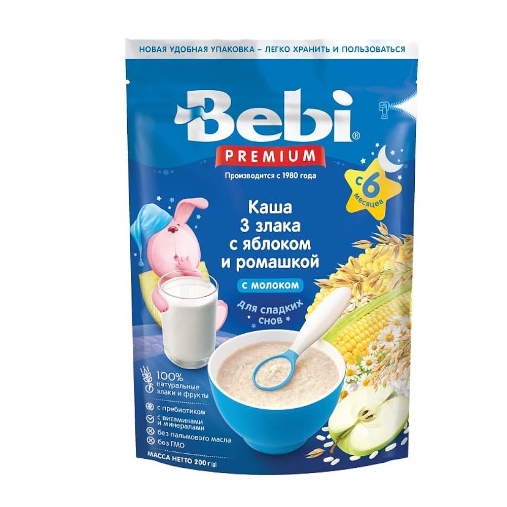 Bebi premium каша молочная, 3 злака/яблоко/ромашка, с 6 месяцев, 200 гр