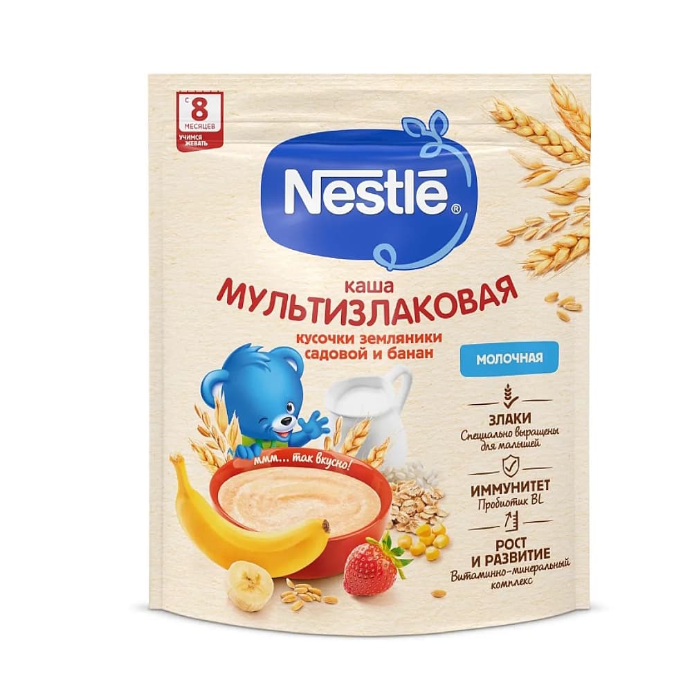 Nestle каша молочная, мультизлаковая с бананом и земляникой, с 8-ми месяцев, 200 гр