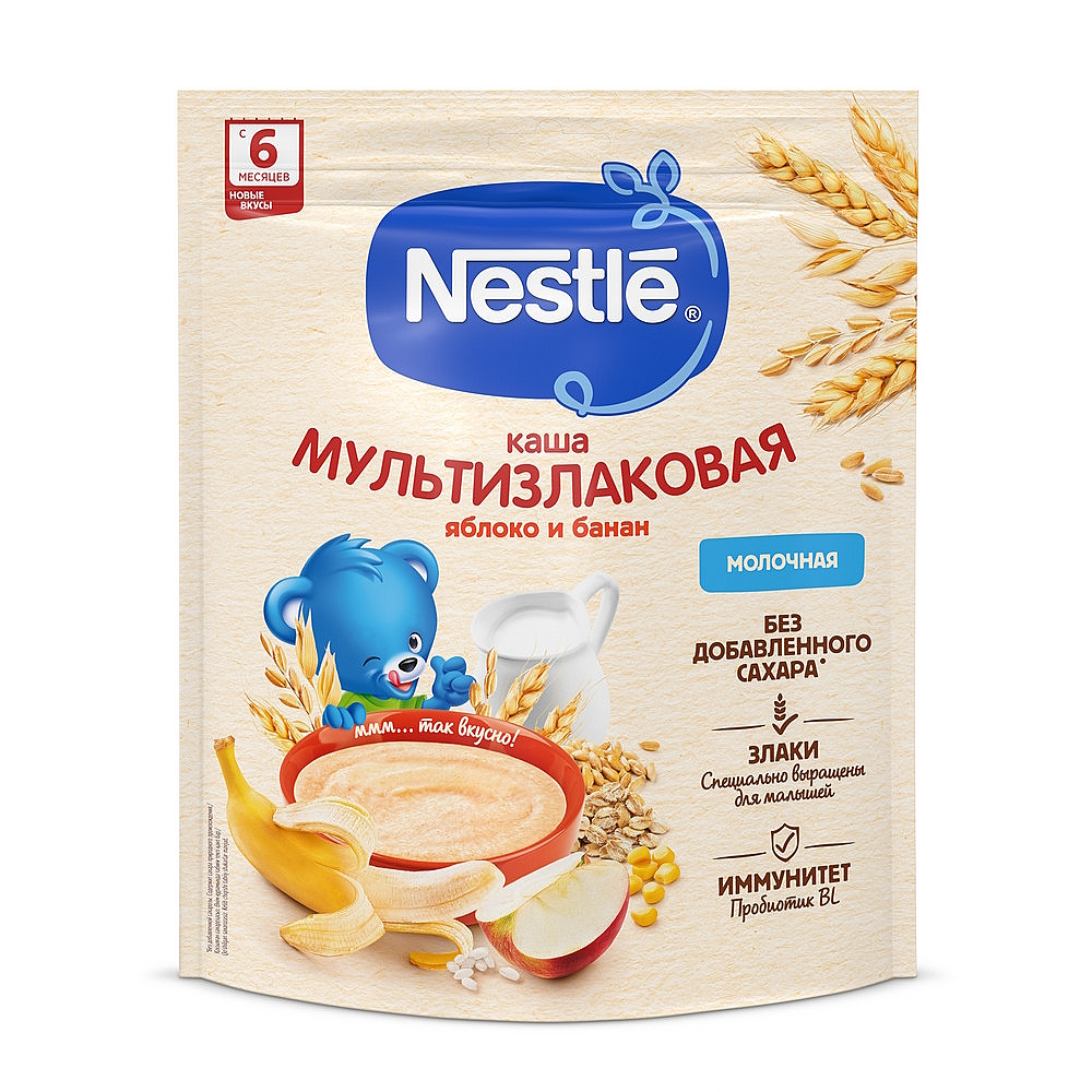 Nestle каша молочная, мультизлаковая с яблоком и бананом, с 6-ти месяцев, 200гр