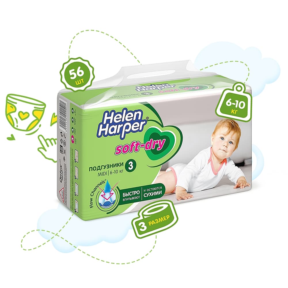 Helen Harper Soft & Dry MIDI подгузники 3 на 6-10 кг, 56 шт