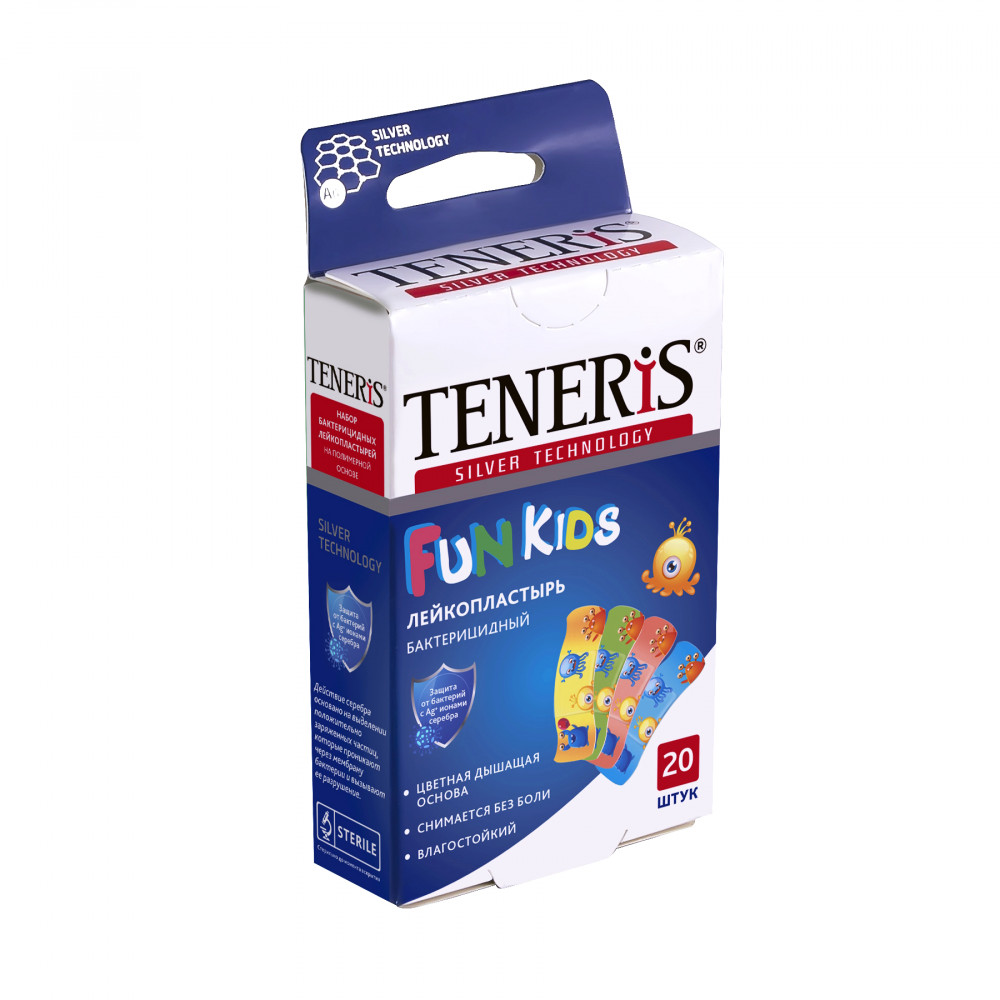 Teneris kids лейкопластырь бактерицидный с ионами серебра на полимерной основе, 20 шт.