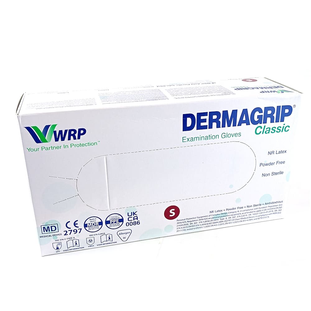 Смотровые перчатки Dermagrip Classic латексные, нестерильные и неопудренные размером S, №50