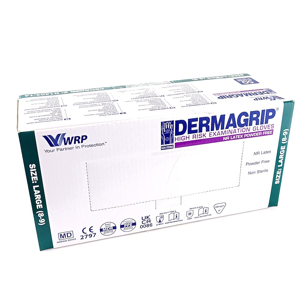 Смотровые латексные перчатки Dermagrip High Risk нестерильные и неопудренные голубого цвета размером L, №25