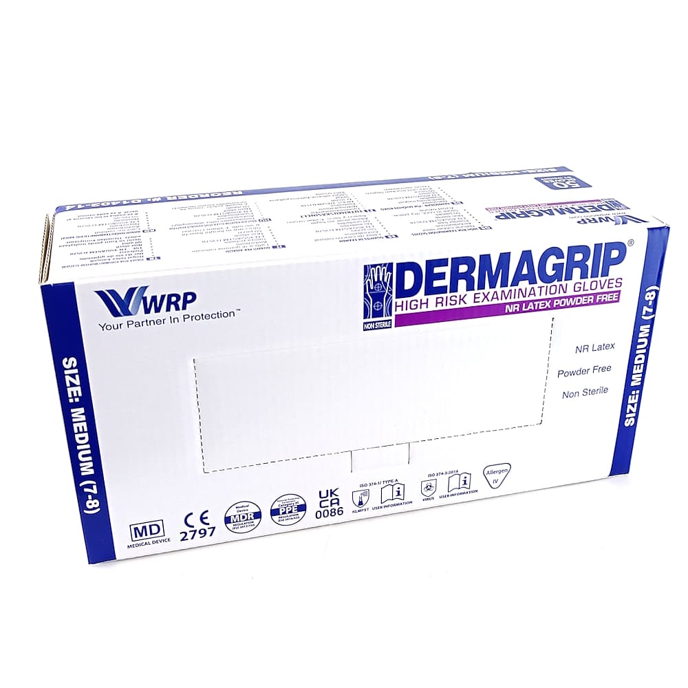 Смотровые латексные перчатки Dermagrip High Risk нестерильные и неопудренные голубого цвета размером M, №25