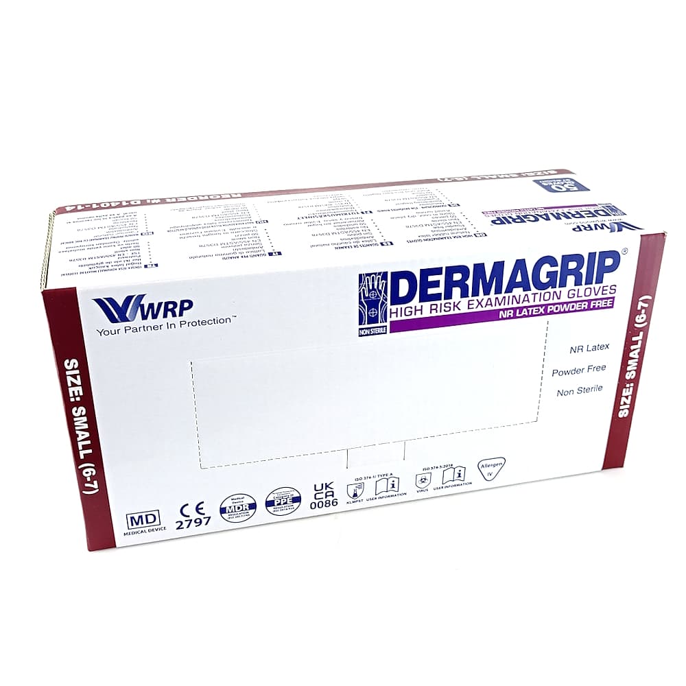 Смотровые латексные перчатки Dermagrip High Risk нестерильные и неопудренные голубого цвета размером S, №25