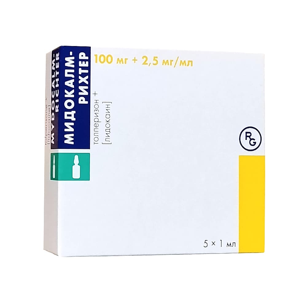 Мидокалм-Рихтер раствор для инъекций 100 мг + 2,5 мг/мл, 1 мл, 5 амп.
