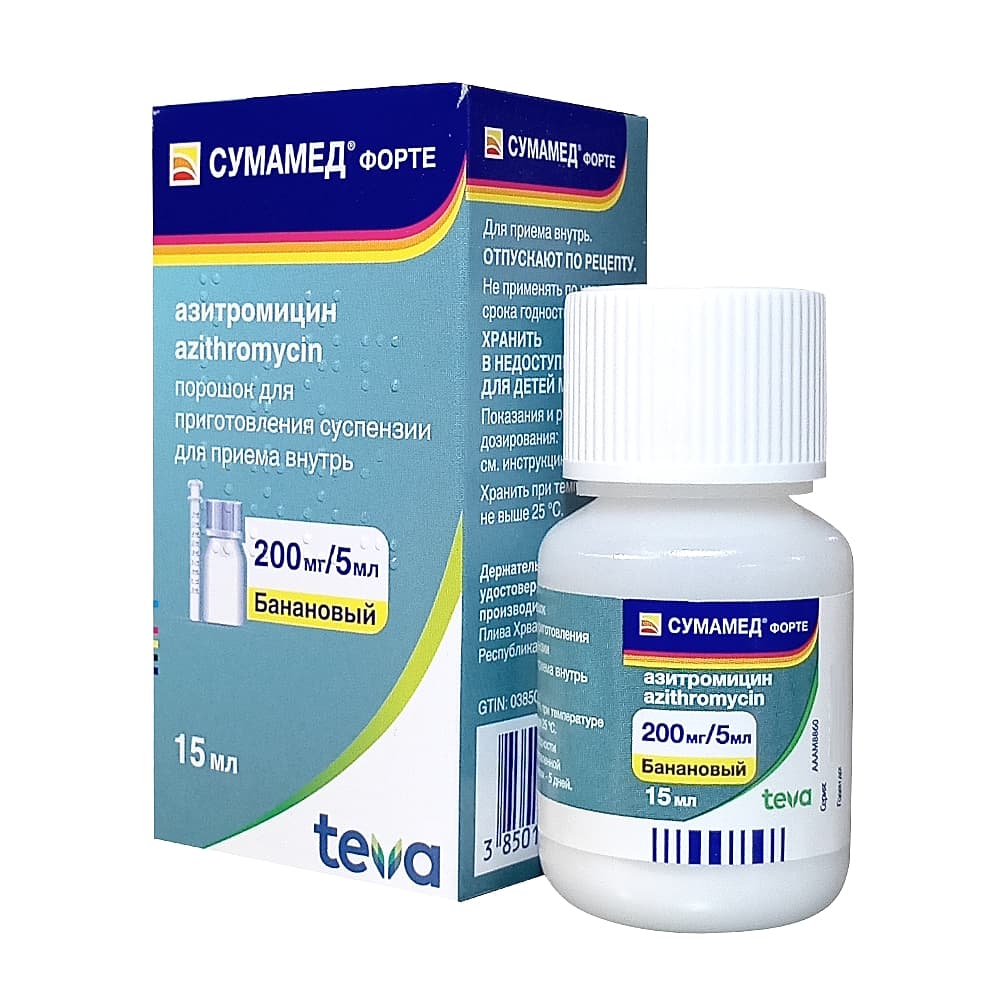 Сумамед порошок для сусп. 200 мг/ 5мл, 15 мл. банановый
