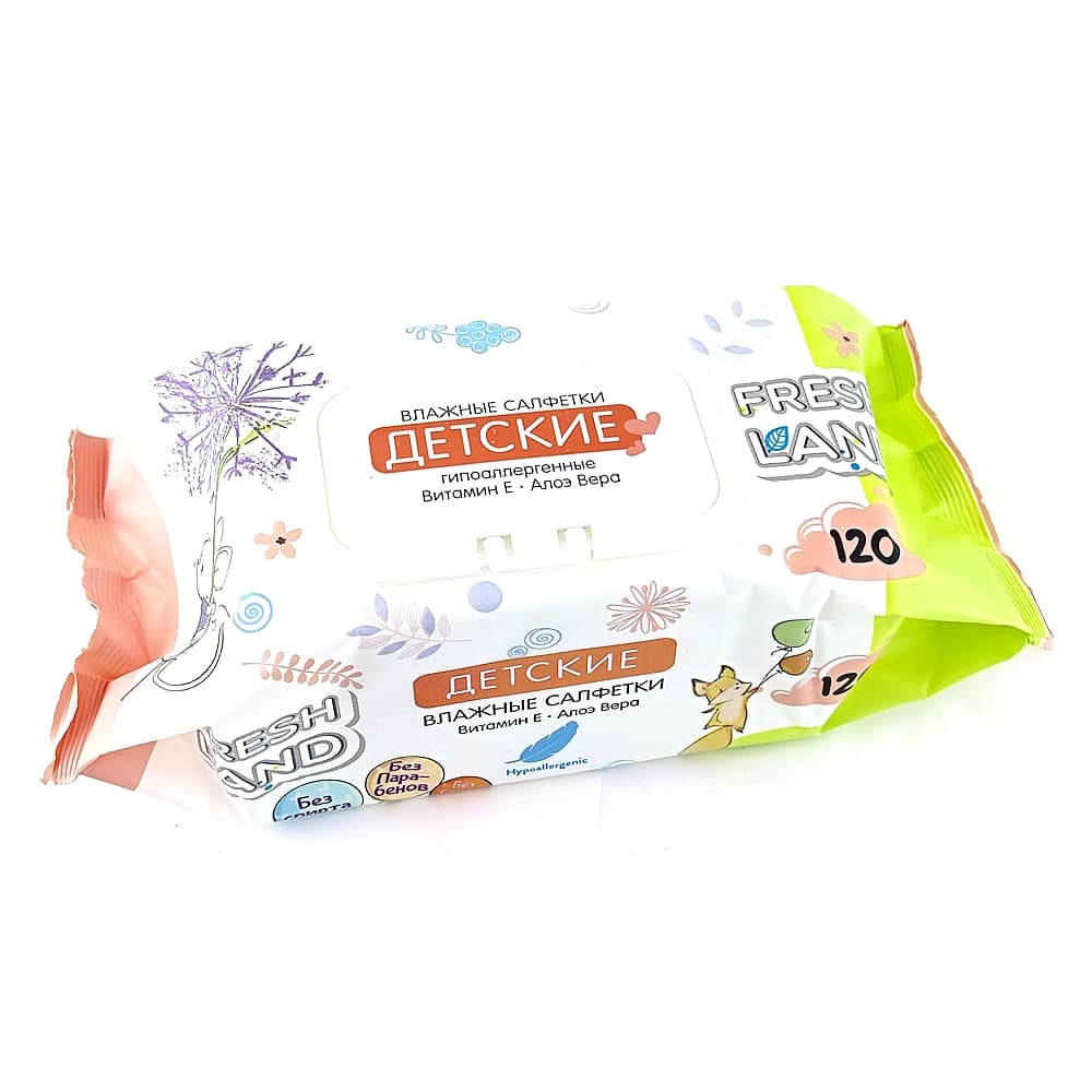 Freshland Влажные, детские салфетки с витамином Е и алоэ вера, с крышечкой, 120 шт